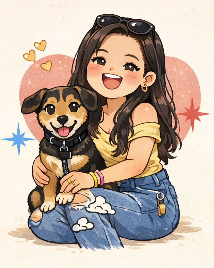 Illustration of a girl with sunglasses holding a dog on a light pink background