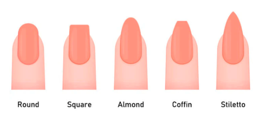 Illustration of different nail shapes including round, square, almond, coffin, and stiletto on a white background.