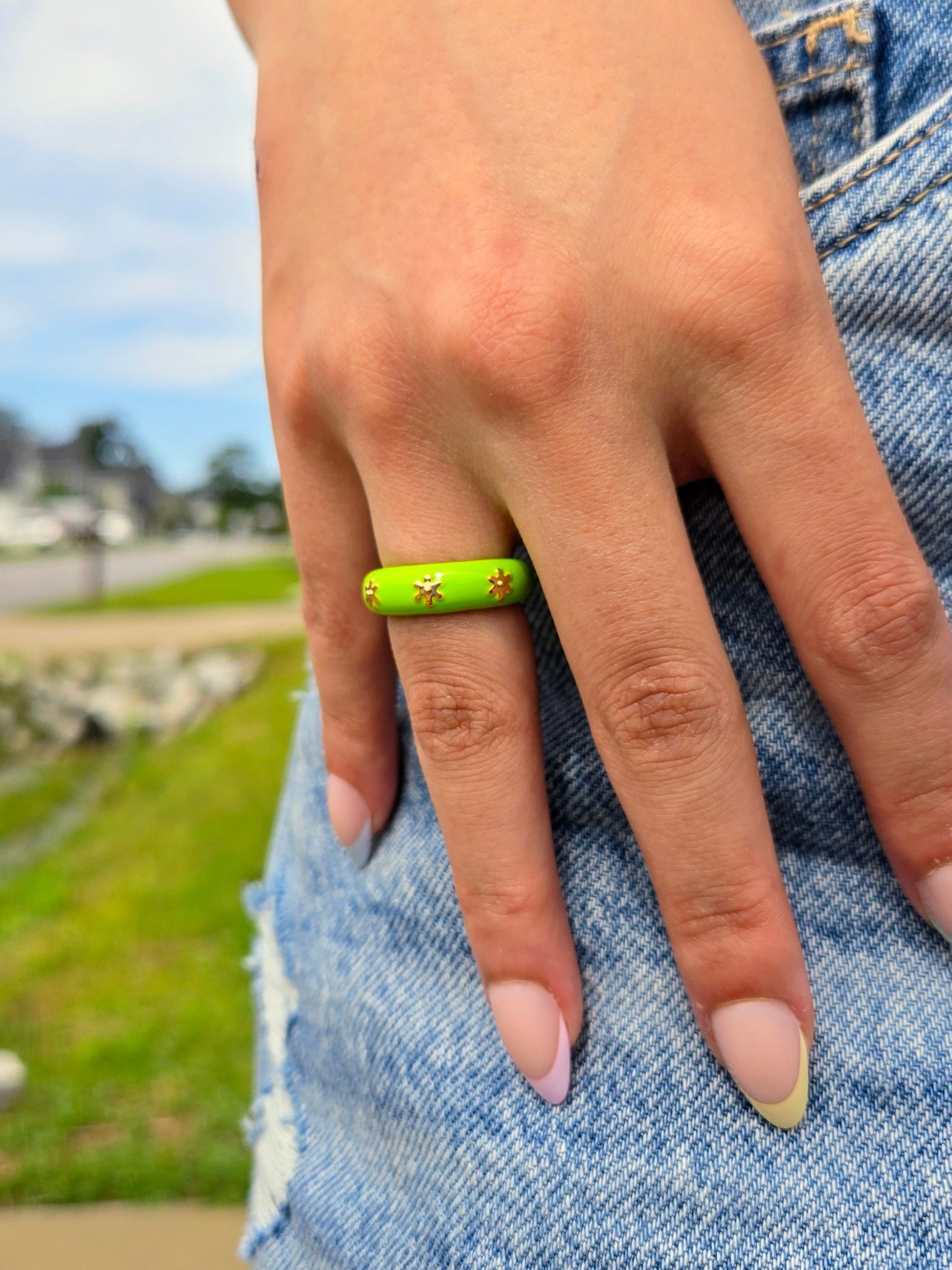 Gold Floral Ring 3 (Green)