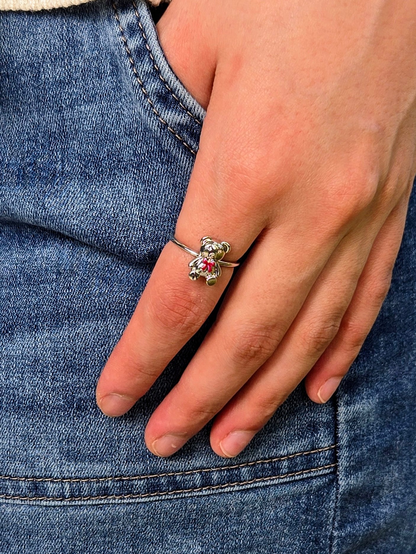 TEDDY BEAR RING in Silver